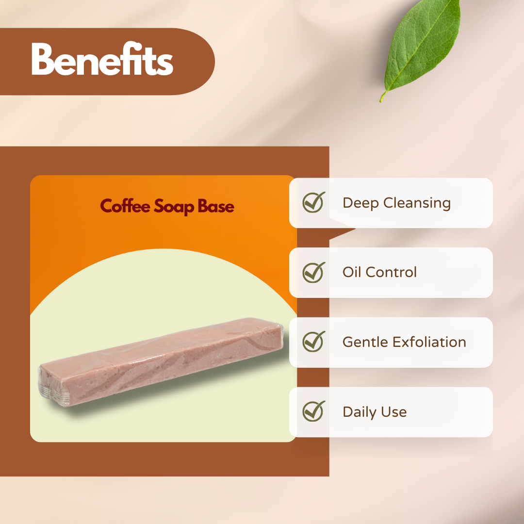 Benefits image showing Coffee Soap Base with a light brown soap bar and cubes. Text reads Deep Cleansing, Oil Control, Gentle Exfoliation, Daily Use. This coffee soap base for handmade soap supports exfoliation and refreshing skin care.