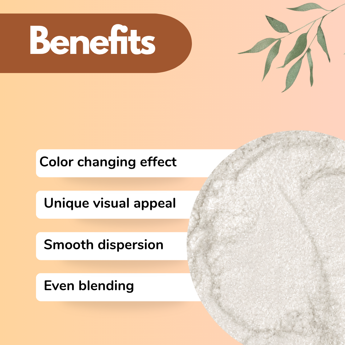 Color changing white to pink mica powder infographic highlighting color shift effect, unique visual appeal, smooth dispersion and even blending in cosmetic and creative applications. Interference mica pigment for lip gloss, resin art, soap making, skincare products, holographic makeup, shimmer cosmetics and handmade beauty formulations with iridescent finish.