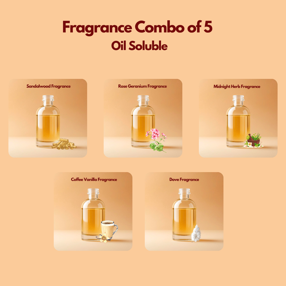 Graphic displaying five oil soluble fragrance bottles labeled Sandalwood Fragrance, Rose Geranium Fragrance, Midnight Herb Fragrance, Coffee Vanilla Fragrance, and Dove Fragrance arranged in a grid layout. This oil soluble fragrance for cosmetics combo pack offers multiple scent options suitable for soaps, candles, and personal care formulations. 