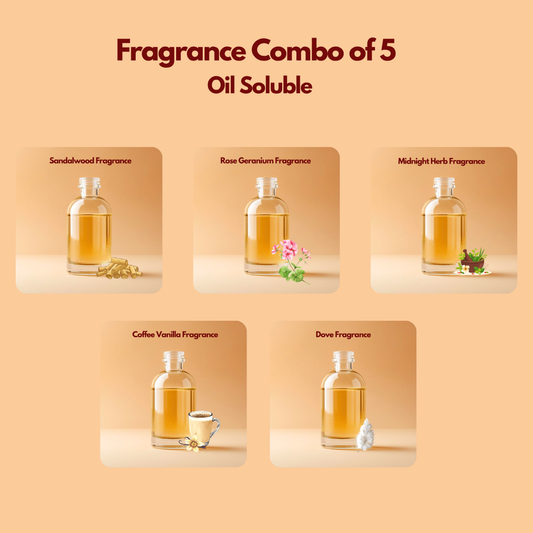 Graphic displaying five oil soluble fragrance bottles labeled Sandalwood Fragrance, Rose Geranium Fragrance, Midnight Herb Fragrance, Coffee Vanilla Fragrance, and Dove Fragrance arranged in a grid layout. This oil soluble fragrance for cosmetics combo pack offers multiple scent options suitable for soaps, candles, and personal care formulations. 