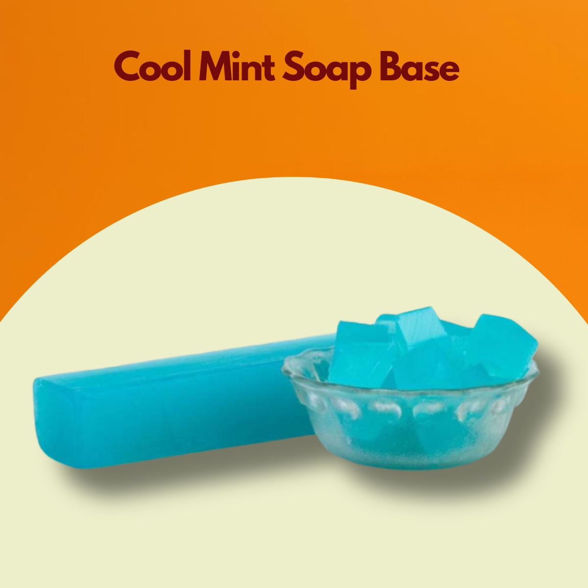 Graphic labeled Cool Mint Soap Base featuring a teal blue soap log paired with evenly cut cubes in a transparent bowl. This cool mint melt and pour soap base showcases a refreshing tone and easy to melt consistency for soap crafting.
