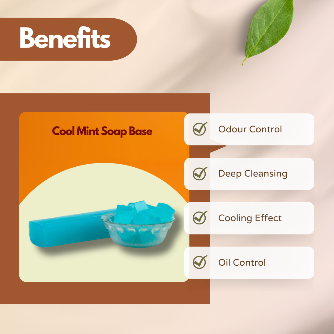 Graphic featuring Cool Mint Soap Base with a blue soap bar and cubes in a bowl. Text reads Odour Control, Deep Cleansing, Cooling Effect, Oil Control. This cool mint soap base for handmade soap delivers a refreshing and purifying cleanse.