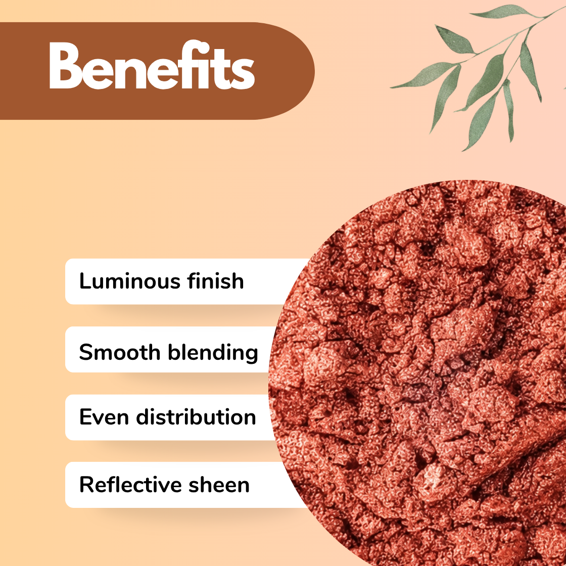 Copper mica powder benefits graphic displaying luminous finish, smooth blending, even distribution and reflective sheen for cosmetic formulations, soap making, candle coloring and makeup products. Metallic copper cosmetic grade mica pigment with radiant shimmer used in bronzers, highlighters, body oils and skincare products.