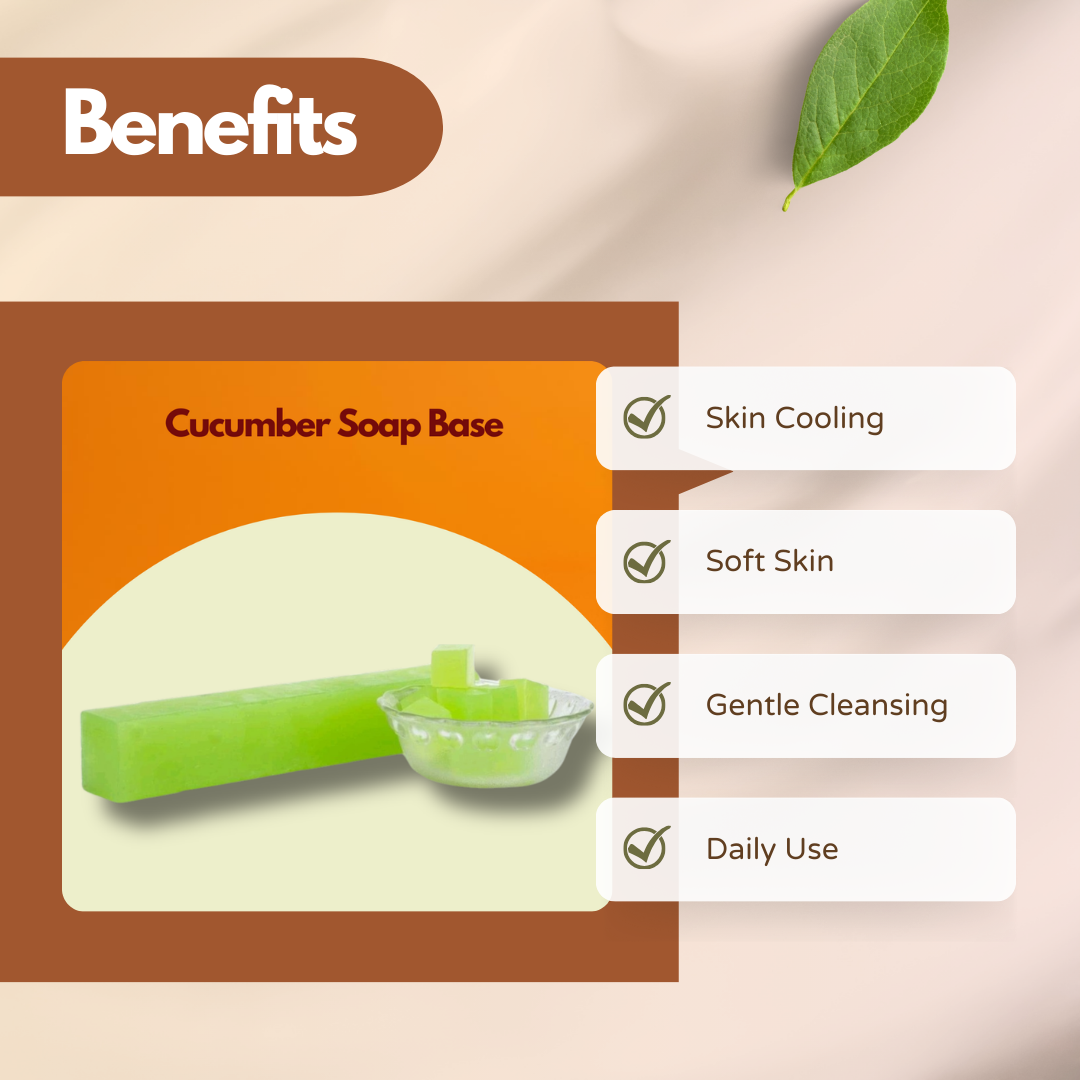Benefits layout with Cucumber Soap Base and a light green soap bar with cubes. Text reads Skin Cooling, Soft Skin, Gentle Cleansing, Daily Use. This cucumber soap base for handmade soap highlights soothing and hydrating properties.