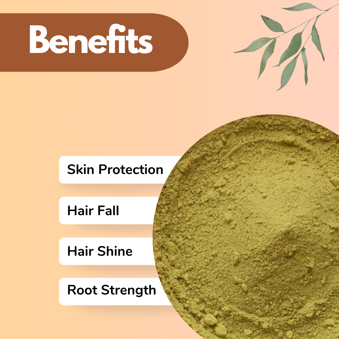 Green Curry Leaf herbal powder benefits banner featuring finely milled botanical powder with Skin Protection, Hair Fall reduction, Hair Shine and Root Strength highlighted. Plant based Ayurvedic powder used in protective skincare and strengthening hair care formulations.
