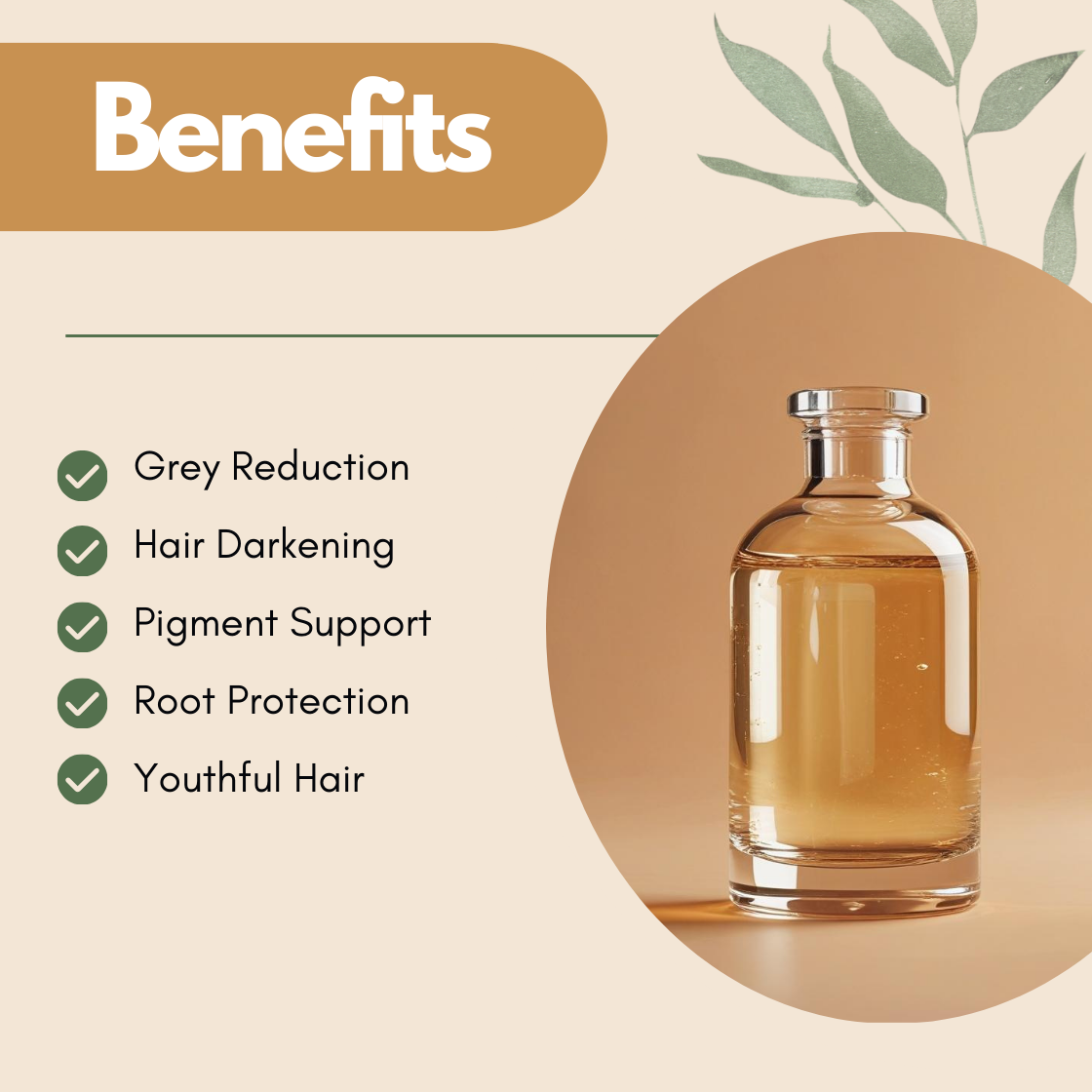 A clear glass beaker containing light amber transparent liquid stands centered within a brown frame on a warm orange background. On the right, benefits read: Natural Pigment, Hair Vitality and Oxidative Defense. The image conveys scientific precision and cosmetic efficacy of Darkenyl . It represents a hair care cosmetic active ingredient formulated for pigment protection and antioxidant defense.