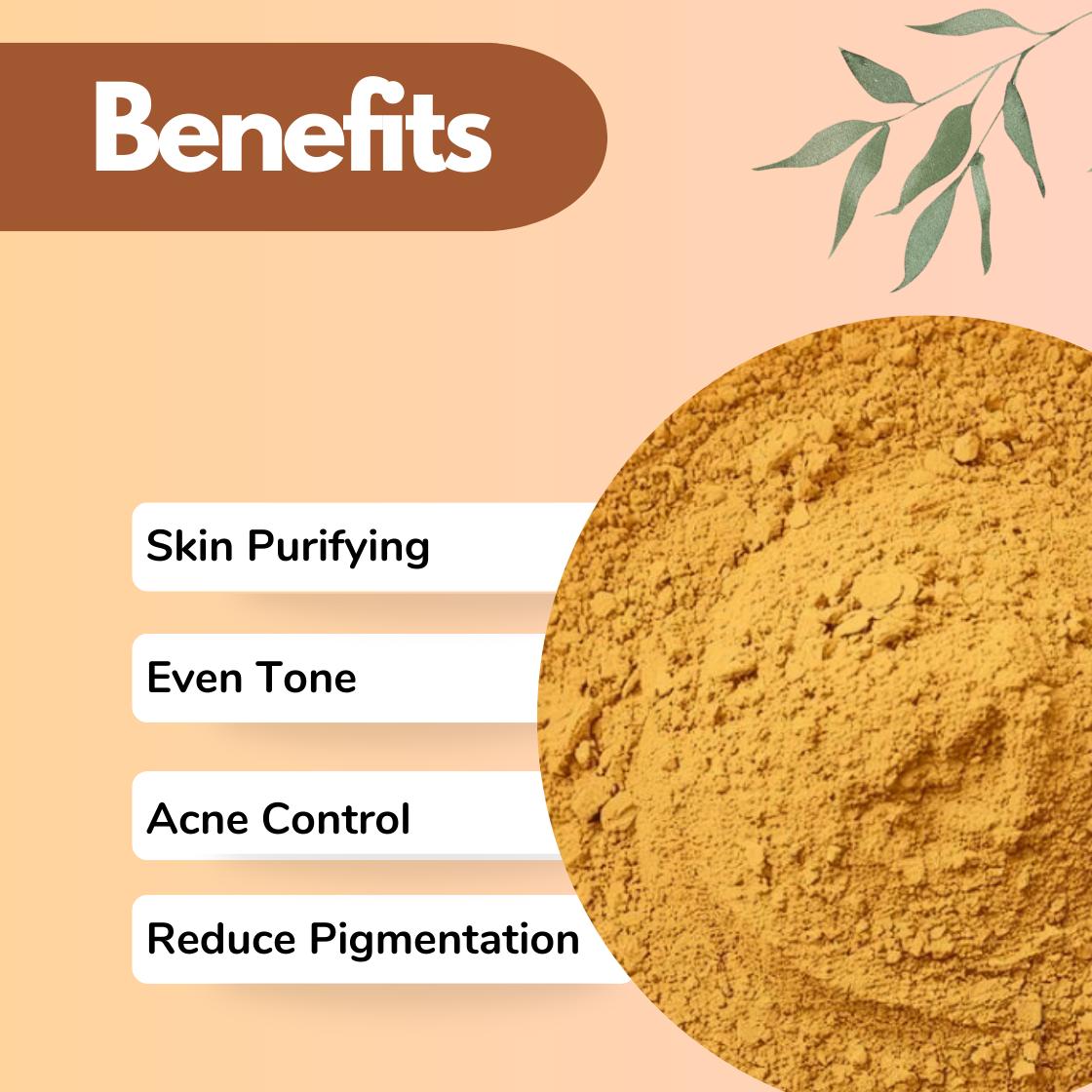 Daruhaldi herbal powder benefits image showing Skin Purifying, Even Tone, Acne Control and Reduce Pigmentation text alongside fine botanical powder texture. Natural Ayurvedic powder used in purifying face packs and pigmentation correcting skincare blends.