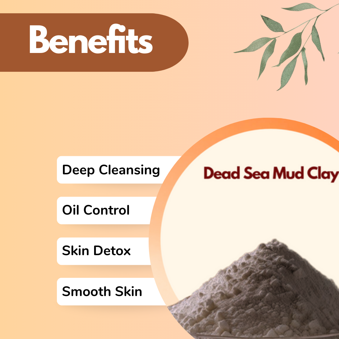 Illustration with orange gradient background displaying benefits of Dead Sea Mud Clay. Keywords include deep cleansing, oil control, skin detox, smooth skin. A brown section labeled 'Benefits' is on the left with green leaves at the top. A mound of gray mud is on the right.