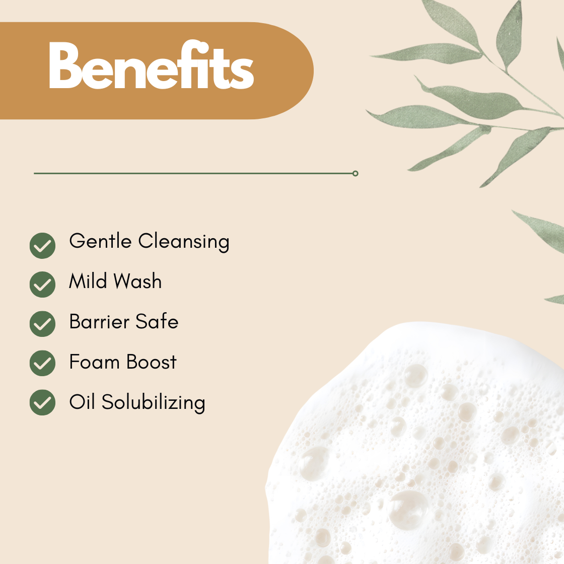 Beige background with a brown banner labeled 'Benefits.' of Decyl Glucoside Listed are: Gentle Cleansing, Mild Wash, Barrier Safe, Foam Boost, Oil Solubilizing, each with checkmarks. Bubbles and green leaves decorate the design, conveying a fresh, natural feel.