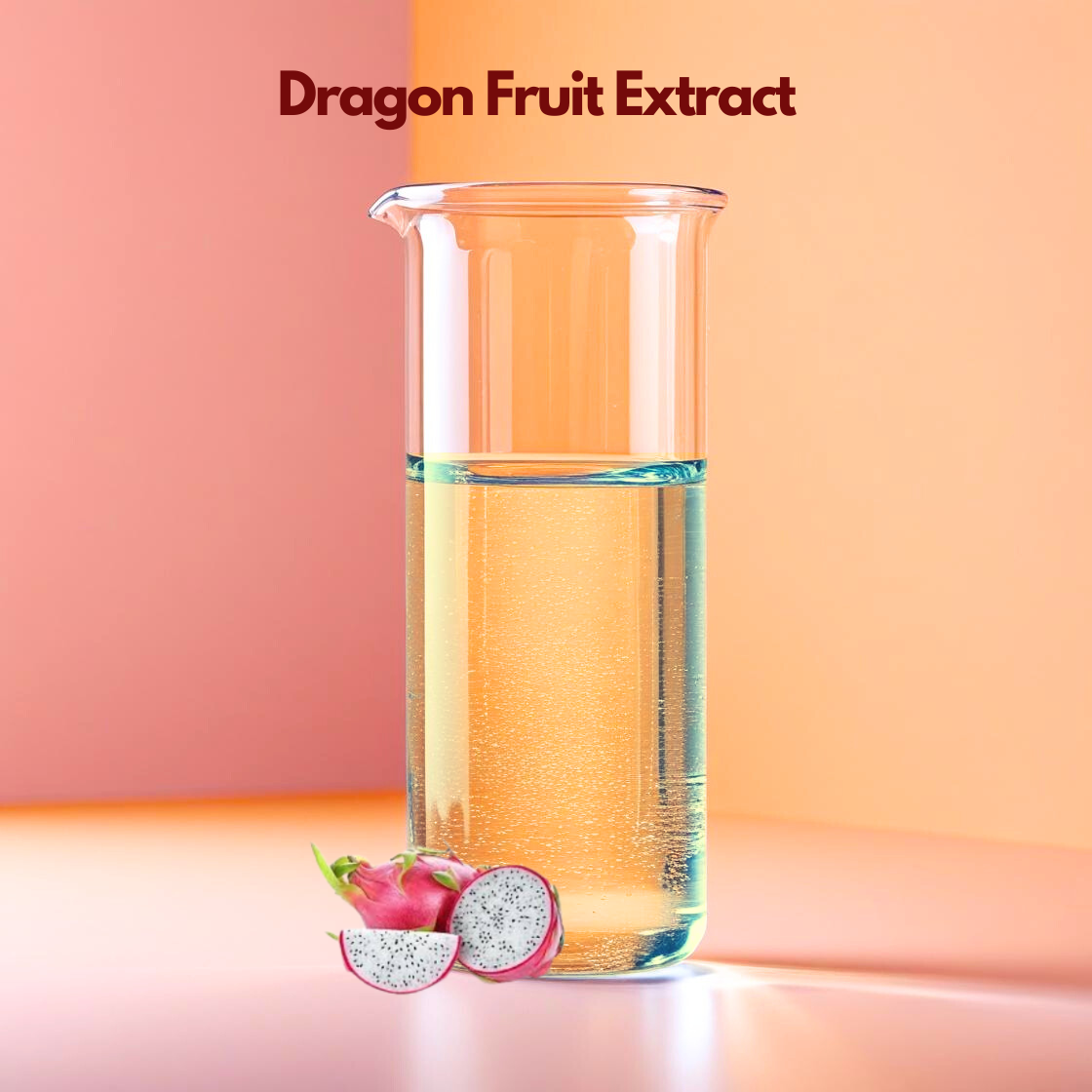 A digital graphic for "Dragon Fruit Extract" featuring the product name at the top in dark maroon text. The image showcases a whole, vibrant pink dragon fruit with green tipped scales next to a circular cross section slice. The slice reveals stark white flesh densely speckled with tiny, black edible seeds. Two green leaves float in the background against a clean, light beige surface with soft shadows.