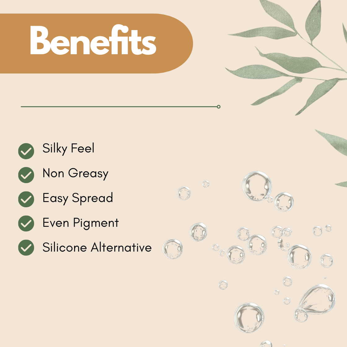 Text reads "Benefits" of  Emogreen L19  with a list: Silky Feel, Non Greasy, Easy Spread, Even Pigment, Silicone Alternative. Background has leaves and bubbles.