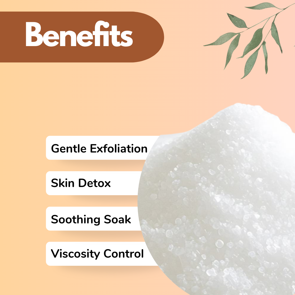 Beige background with a brown 'Benefits' label of "Epsom Salt" . White salt crystals shown beside text: 'Gentle Exfoliation,' 'Skin Detox,' 'Soothing Soak,' 'Viscosity Control' with green leaves accentuating the image."