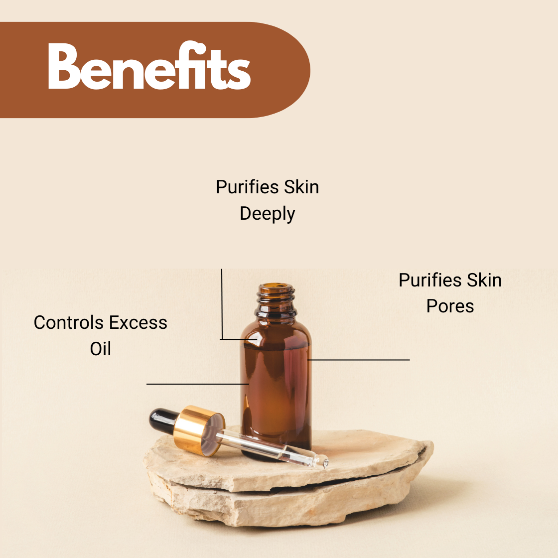 Amber serum bottle with benefits of eucalyptus essential oil highlighting purifies skin deeply, controls excess oil, and purifies skin pores for oily and acne prone skincare products.