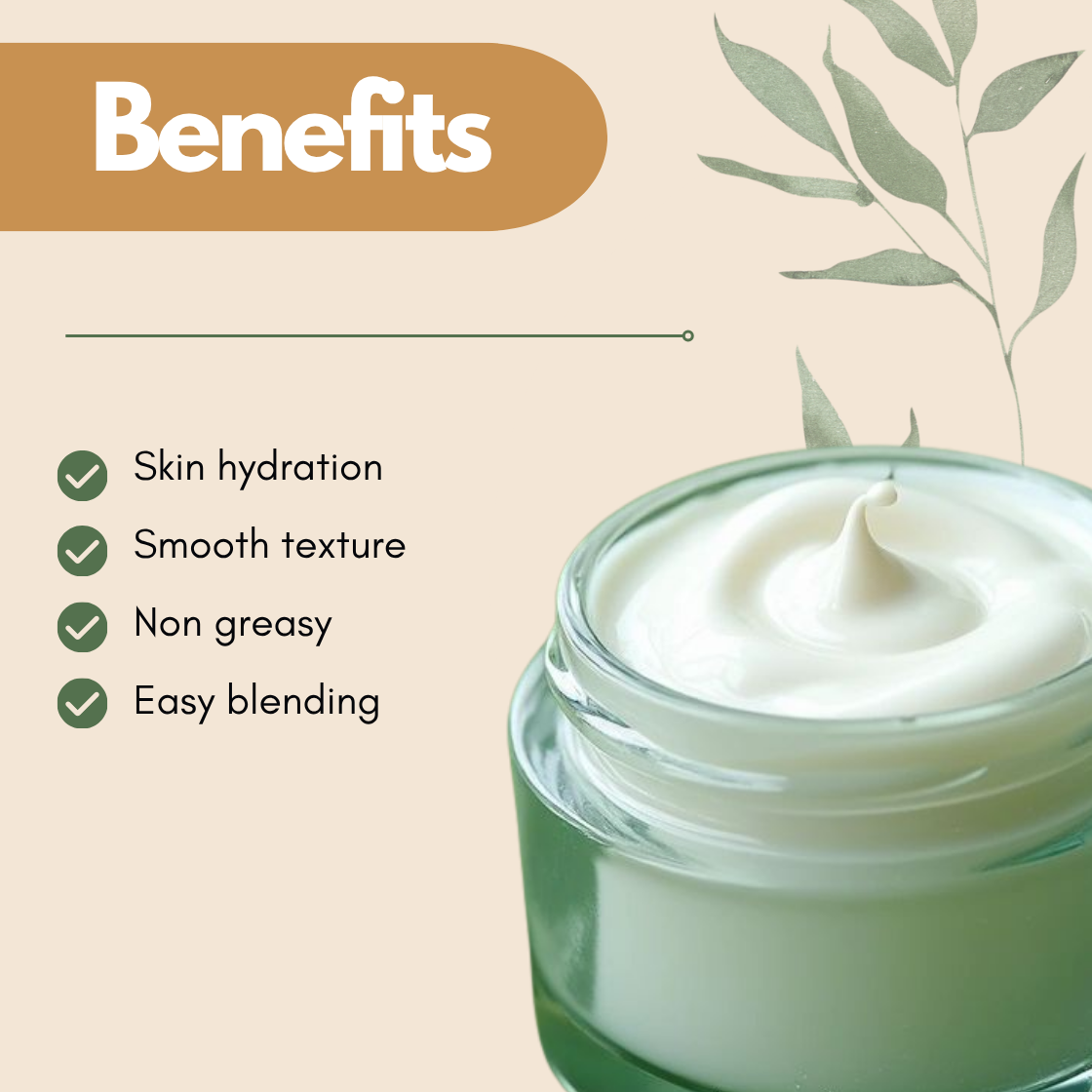 Face Moisturiser Base Cream based ready base in a glass jar with smooth texture emphasizing skin hydration smooth texture non greasy finish and easy blending for skincare & cosmetic formulations. Pre formulated cosmetic base ideal for creating moisturizers and custom skincare products with consistent results. 