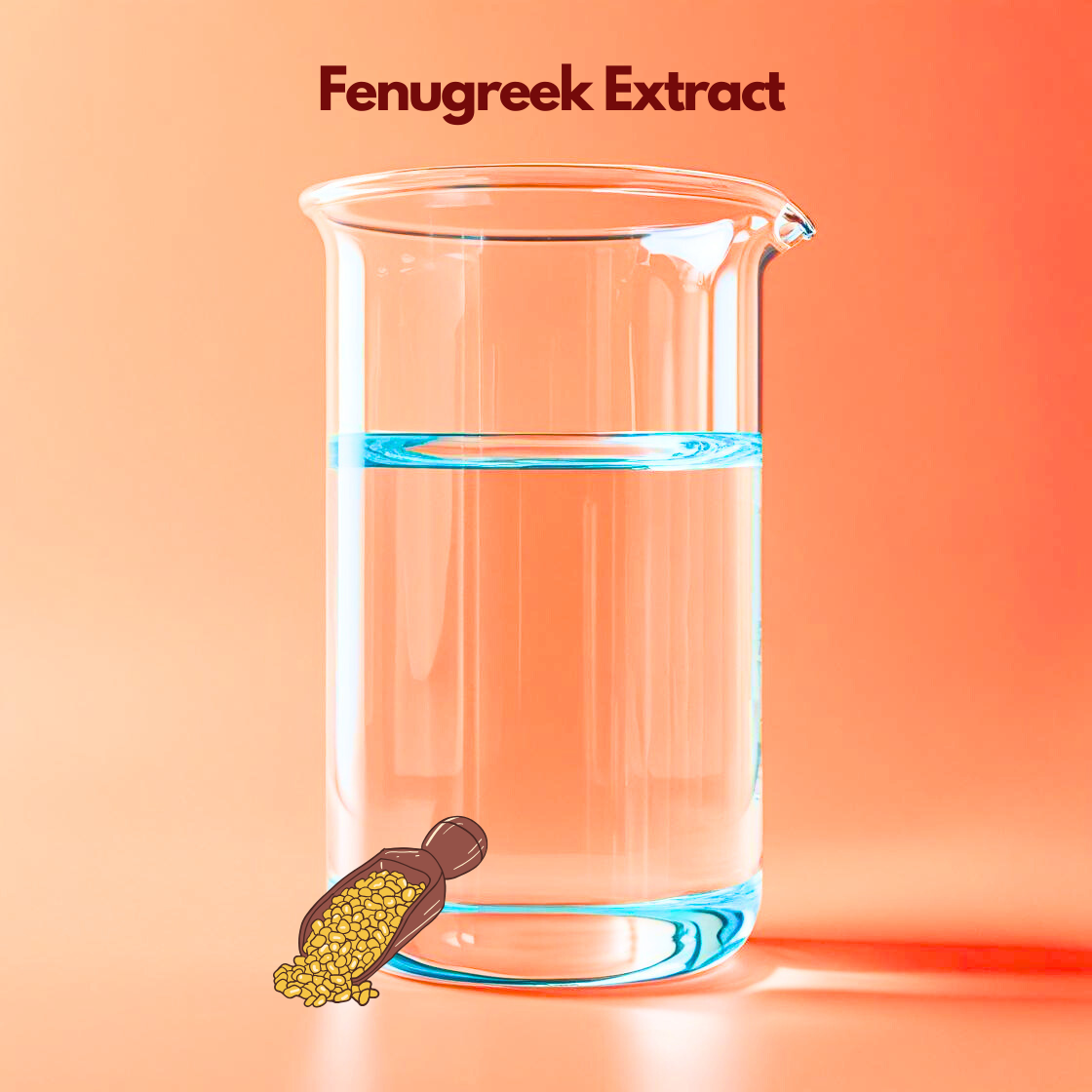 A clear glass beaker partially filled with transparent liquid stands against a peach background labeled “Fenugreek Extract.” A small scoop filled with yellow fenugreek seeds rests near the base. This cosmetic grade botanical extract is included in haircare and skincare formulations for conditioning support and improving overall product performance