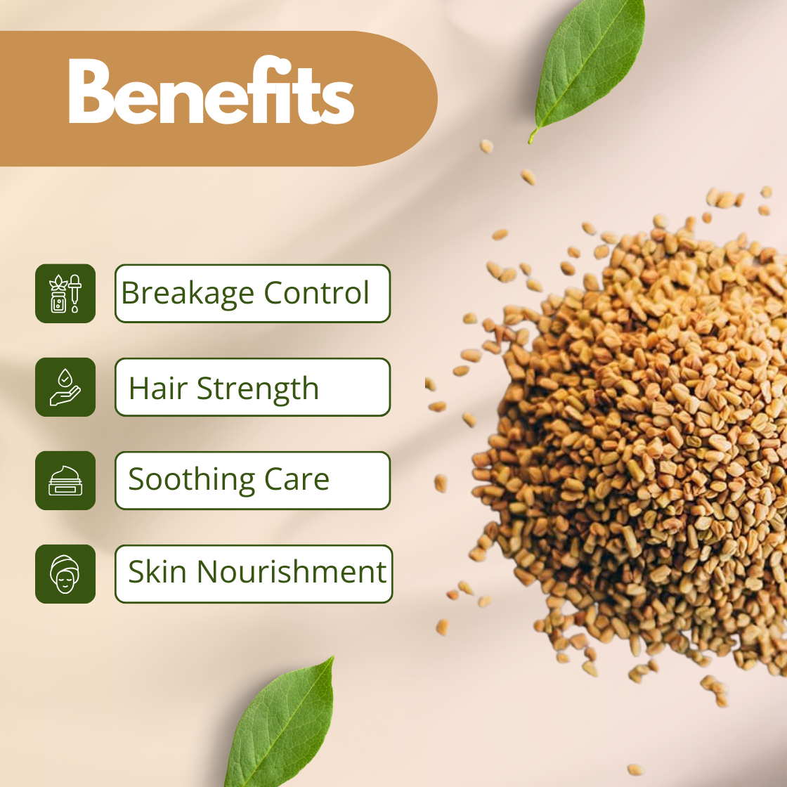 Benefits image of Fenugreek Extract displaying fenugreek seeds, emphasizing breakage control, hair strength, soothing care and skin nourishment. Cosmetic grade fenugreek extract used in haircare and skincare formulations as a strengthening botanical extract ingredient and natural cosmetic raw material.