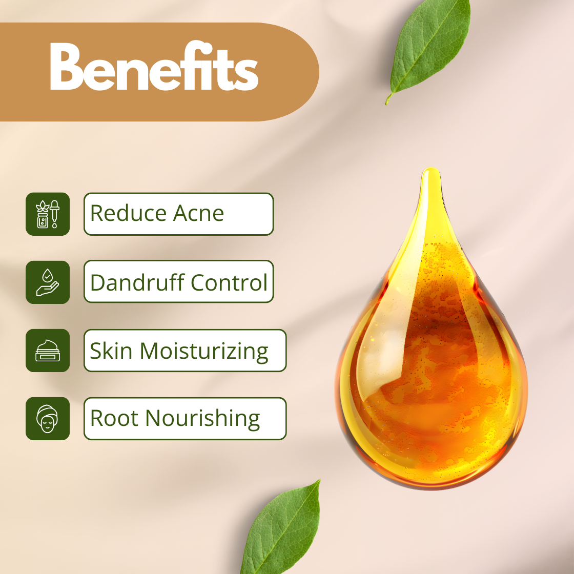 Golden oil droplet with green leaves on a beige background. Text highlights benefits of Fenugreek oil: Reduces acne, dandruff control, skin moisturizing, root nourishing.