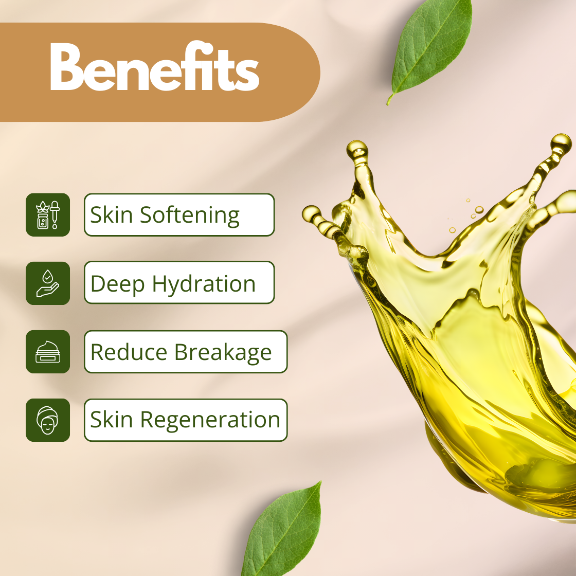 Cream-colored background with "Benefits" text of Flaxseed oil ; icons list skin softening, deep hydration, reduced breakage, skin regeneration; yellow liquid splash and green leaves.