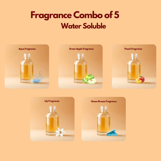 Graphic displaying five water soluble fragrance bottles labeled Aqua Fragrance, Peach Fragrance, 
Lily Fragrance, Ocean Breeze Fragrance, Green Apple Fragrance arranged in a grid layout. This water soluble fragrance for cosmetics combo pack offers multiple scent options suitable for soaps, candles, and personal care formulations. 