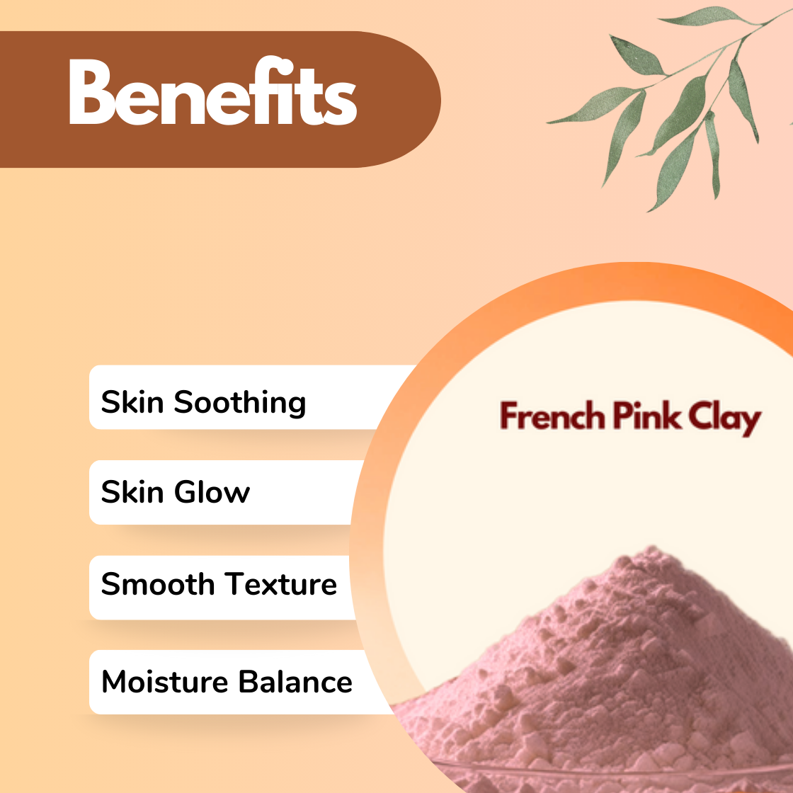 A promotional image for French Pink Clay on a peach background features a pink clay mound and benefits like Skin Soothing and Moisture Balance.