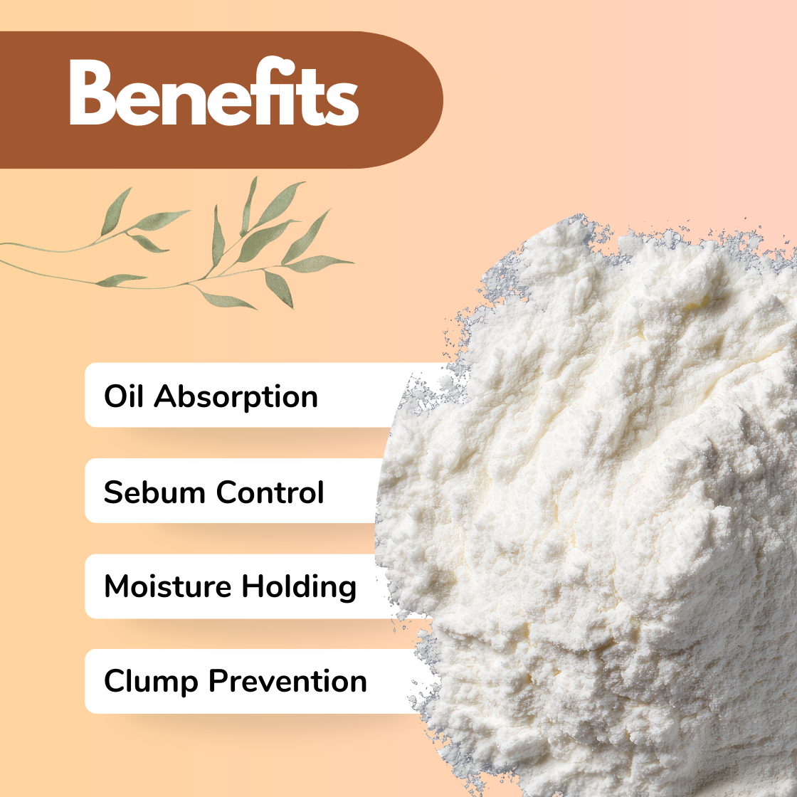 This infographic highlights the primary benefits of a cosmetic powder "Fumed Silica" ingredient, set against a soft peach background . A large, textured pile of fine white Fumed Silica powder dominates the right side of the frame, visually representing the product. To the left, a list of four key advantages is presented in clean, modern tabs: Oil Absorption and Sebum Control for a matte finish, Moisture Holding to maintain skin hydration, and Clump Prevention to ensure a smooth, even application.