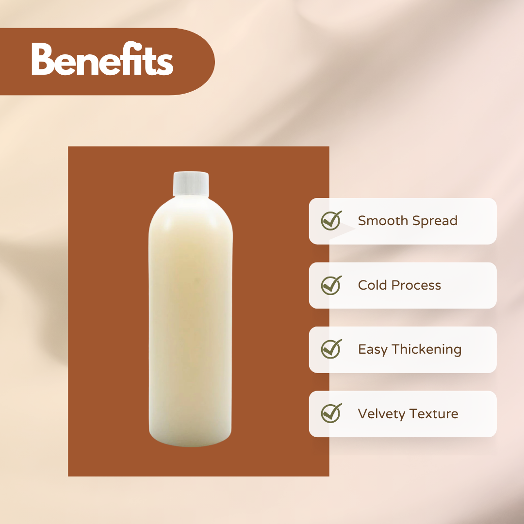 A creamy bottle is centered on a brown background. On the right are benefits of Cosmetic ingredient "Gelmaker NAT Sepilife Nude": smooth spread, cold process, easy thickening, velvety texture. Tone: informative.