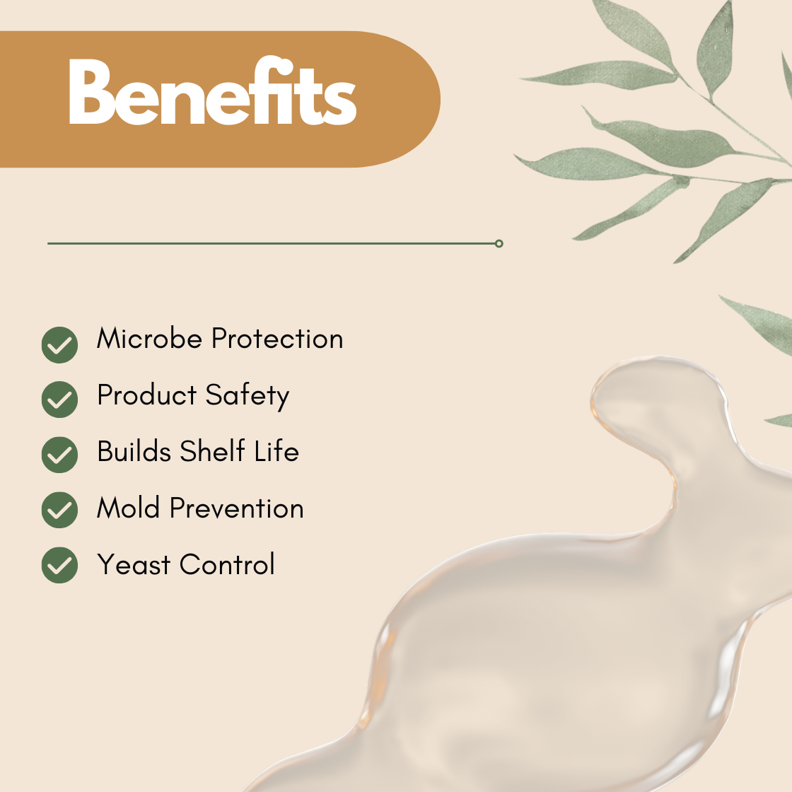 Image with 'Benefits' header of Geogard ECT in white on brown. Text lists benefits with green checkmarks: Microbe Protection, Product Safety, Builds Shelf Life, Mold Prevention, Yeast Control. Background features light green leaves and abstract liquid shape.