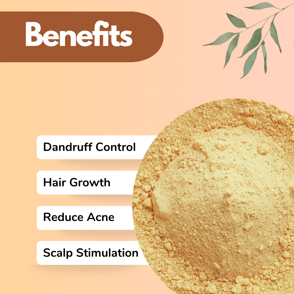 Ginger Herbal powder for skincare shown with a close up texture and benefits text including dandruff control hair growth reduce acne and scalp stimulation. This image highlights a multi purpose natural herbal cosmetic powder used in both hair care and skincare formulations to improve scalp health reduce acne and promote healthy hair growth.