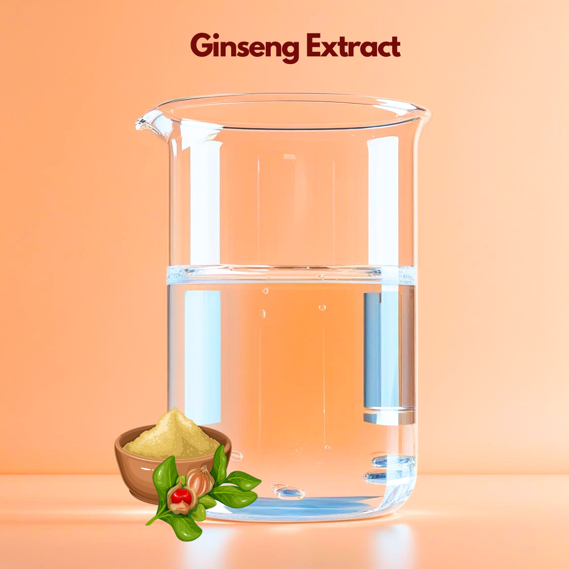 A laboratory style glass beaker filled with clear liquid stands against a warm neutral background, labeled “Ginseng Extract.” At the bottom sits a small bowl of powdered ginseng with green leaves and red berries. This botanical extract is used in cosmetic formulations to support skin revitalization, repair and overall performance.
