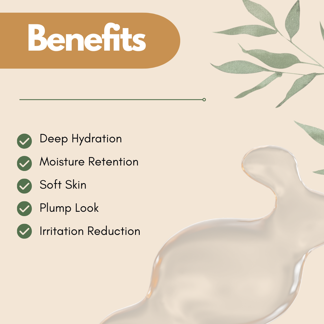 Glycerin cosmetic ingredient shown as a clear liquid texture on a beige background with a “Benefits” heading highlighting deep hydration, moisture retention, soft skin, plump look, and irritation reduction, with decorative botanical leaves.