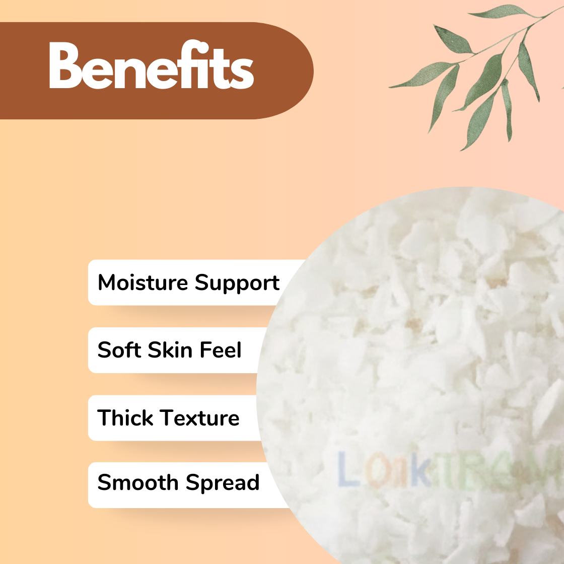 Glyceryl cosmetic ingredient shown as white wax-like flakes with a “Benefits” heading highlighting moisture support, soft skin feel, thick texture, and smooth spread, on a peach background with decorative botanical leaves.
