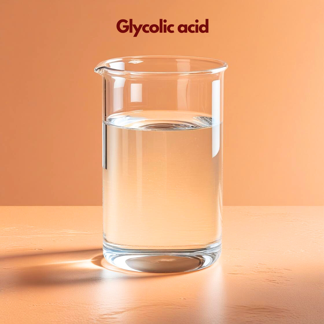  A transparent laboratory beaker filled with Glycolic Acid, a crystal clear liquid that resembles pure water. The beaker sits on a light peach-colored surface, casting a soft shadow to the left. The background is a matching warm neutral tone, and the text "Glycolic acid" is centered at the top in dark maroon.
