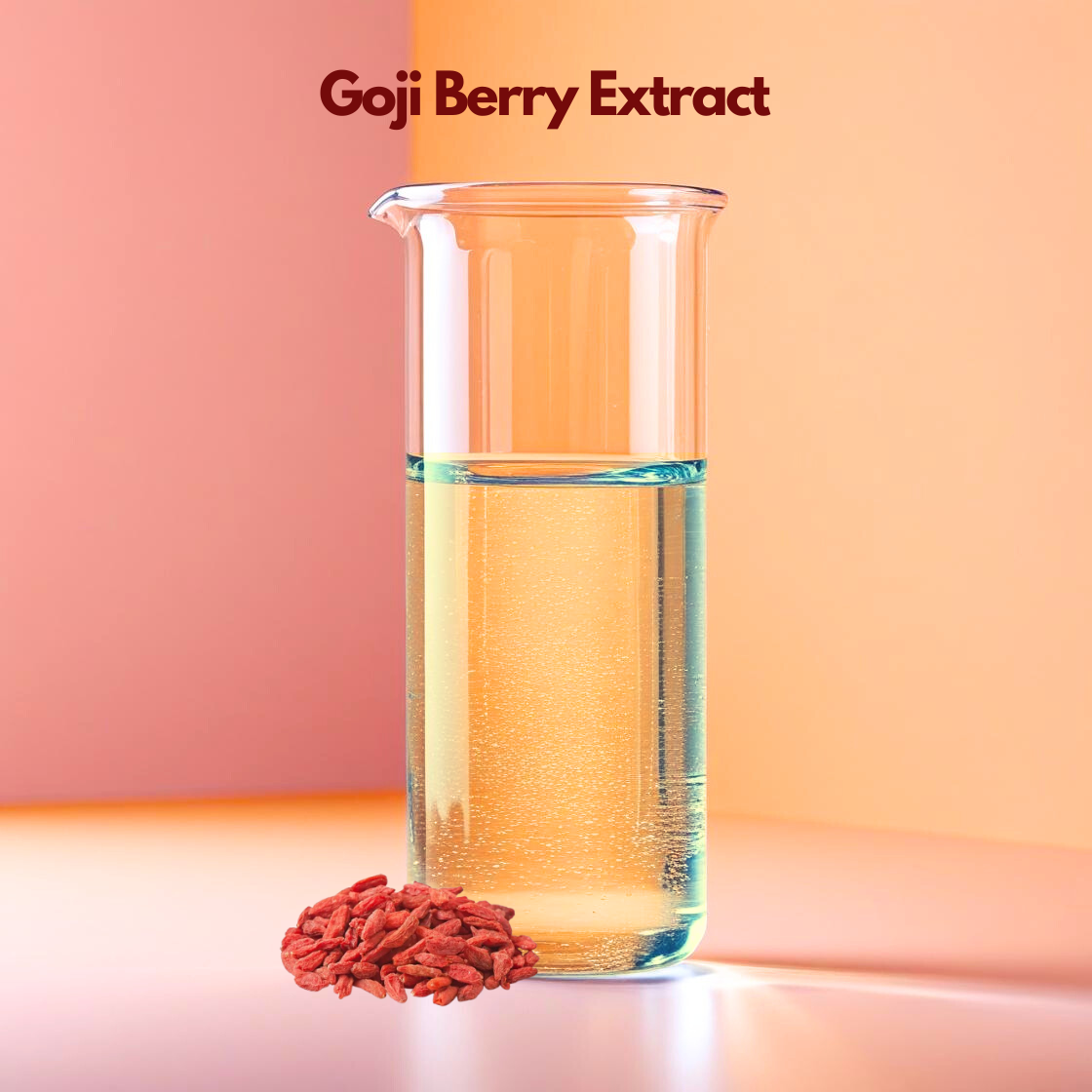 A high quality graphic for "Goji Berry Extract". At the top, the product name is displayed in professional dark maroon lettering. The image features a large pile of plump, elongated red goji berries with a smooth, glossy skin that reflects light. The berries are mounded on a soft cream background, accented by a single green leaf floating at the top and another at the bottom