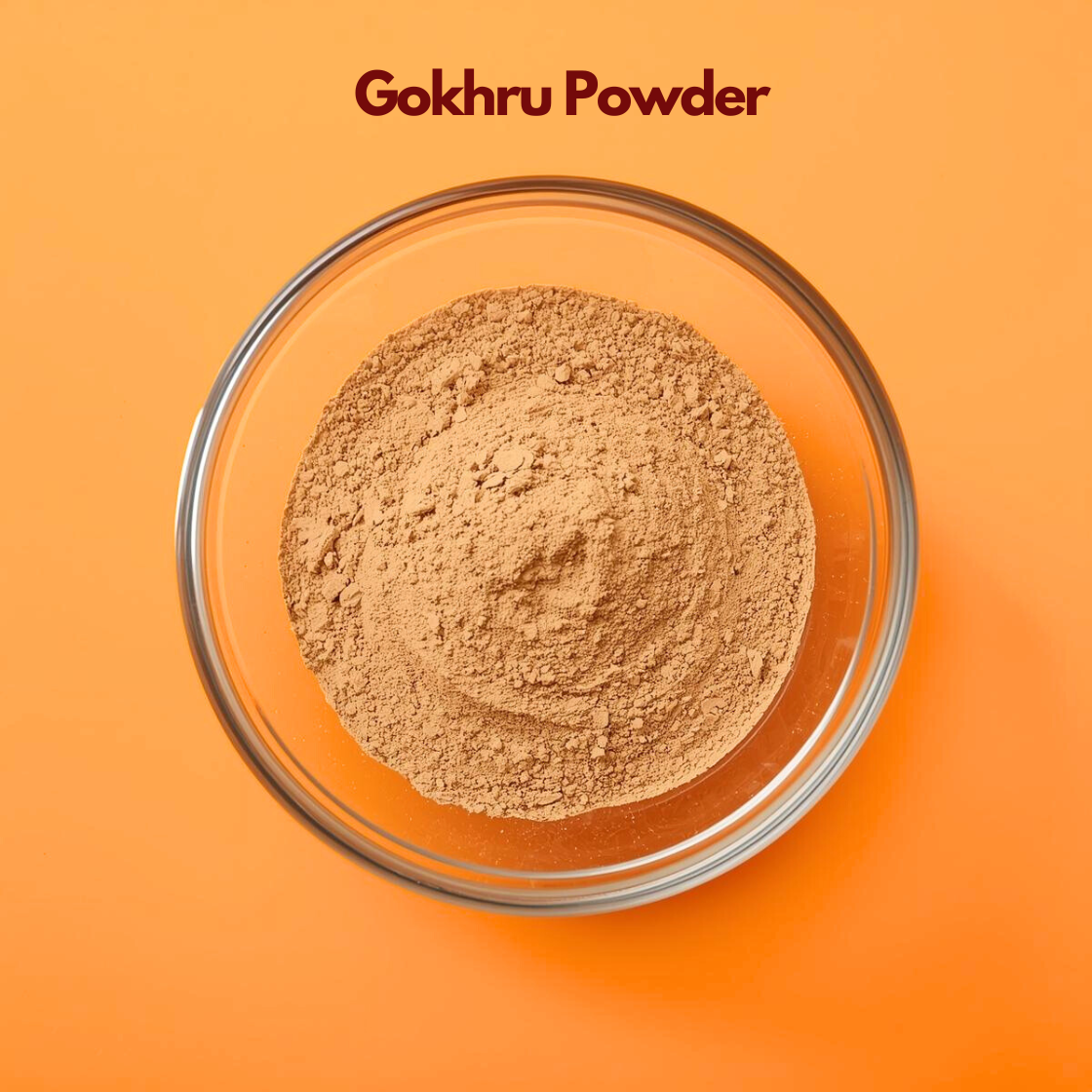 Overhead close up of Gokhru Powder in a glass bowl, displaying its fine light brown herbal texture on a clean orange surface. Traditional Ayurvedic botanical powder used in natural formulations and herbal powder blends.