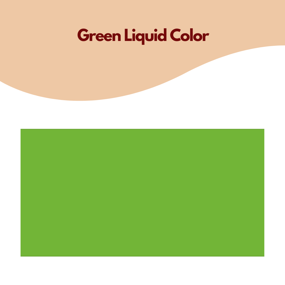 A graphic representation of a green liquid color water soluble pigment used in personal care formulations. The image is split with the bottom half displaying a vibrant, solid leafy green rectangular block. The top half contains a light tan wavy border and the words "Green Liquid Color" in dark maroon. It visualizes a clear, bright green hue for liquid cosmetics.
