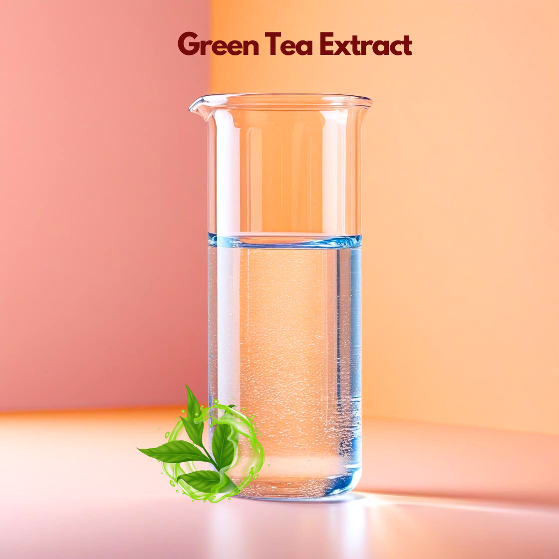A clear glass beaker containing transparent liquid stands against a peach and coral gradient background labeled “Green Tea Extract,” with fresh green tea leaves at the base. This cosmetic grade botanical extract is valued in skincare formulations for powerful antioxidant protection, soothing benefits and anti aging cosmetic applications.
