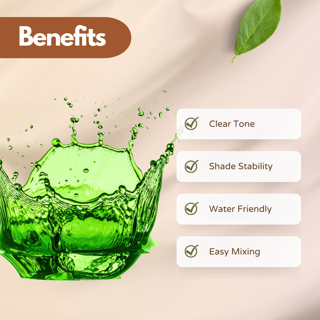Green water soluble liquid pigment splash showing clear tone, shade stability, water friendly formulation and easy mixing for gels and cosmetic applications.
