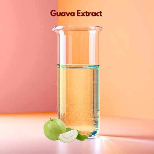 A fresh looking graphic for "Guava Extract" with the product name centered at the top in dark maroon. The image displays a whole, round green guava fruit alongside four thick, circular slices. The slices reveal a soft, pale pink interior packed with small, hard cream colored seeds. The fruit is presented on a minimalist tan background with realistic, soft focus shadows and floating green leaves.