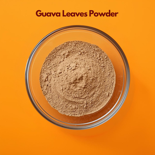 Guava leaves powder in a glass bowl, herbal powder for hair growth, dandruff control, and skin care, used in Ayurvedic formulations, DIY face packs, and natural cosmetic products.