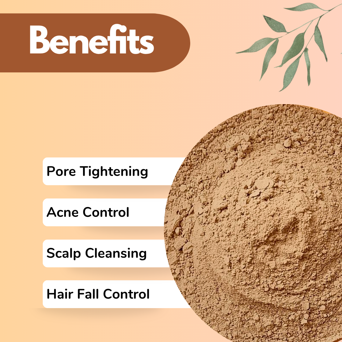 Guava Leaves Powder Herbal Skincare & Hair Care Powder for Acne & Pore Tightening | Benefits infographic showing rich brown Psidium guajava leaf powder in a circular dish on a peach background with decorative botanical leaf. Guava leaf powder is a natural astringent herbal ingredient used in organic face packs, pore-minimizing skincare formulations, and Ayurvedic scalp treatments. Benefits listed: Pore Tightening, Acne Control, Scalp Cleansing, and Hair Fall Control. Excellent for organic skincare brands,