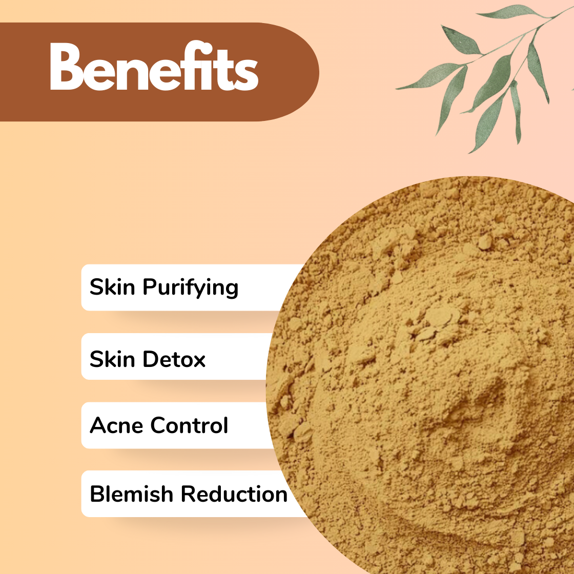 A warm earthy brown Gudmar herbal powder fills the circular frame, showing fine natural granules. On the left side, the benefits emphasize Skin Purifying, Skin Detox, Acne Control and Blemish Reduction. The visual presentation gives the feel of a traditional Ayurvedic herbal powder used in clarifying face masks. The tone and texture suggest a detoxifying botanical ingredient ideal for acne prone skin and pigmentation concerns.