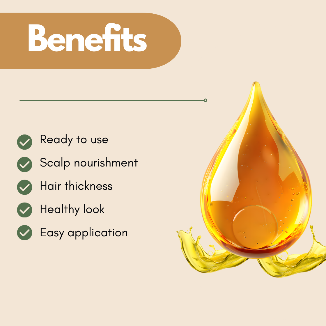 Hair Growth Hair Thickening Oil Golden oil drop ready base representing haircare formulation benefits including scalp nourishment hair thickness healthy look and easy application. Pre formulated haircare base ideal for creating custom hair oils with enhanced performance and stability.