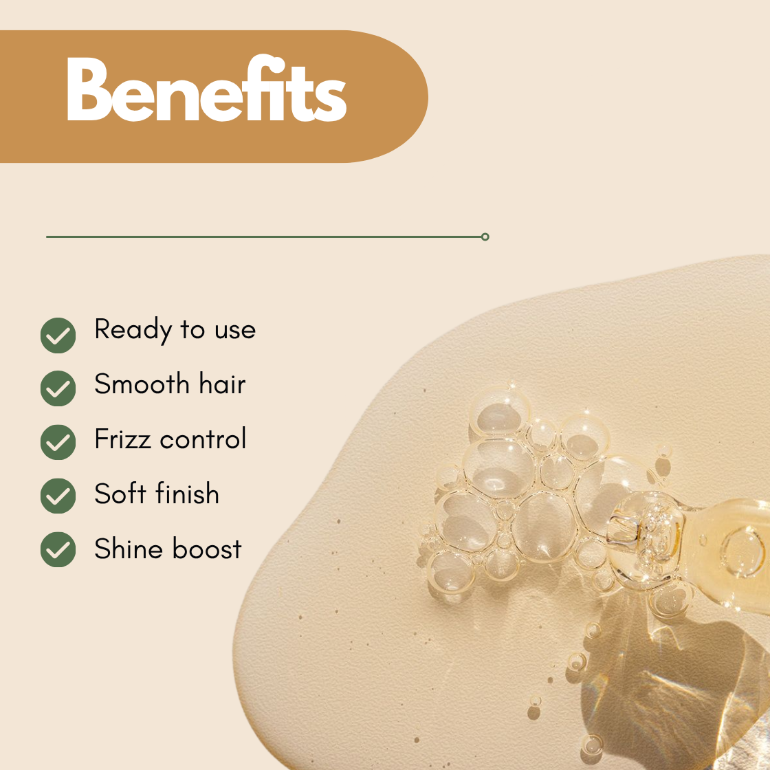 Hair Smoothening Serum ready base with bubbles showing soft finish, smooth hair, frizz control, shine boost and ready to use benefits for haircare formulation. Pre formulated Hair Serum designed for smooth hair and effective shine boost performance.