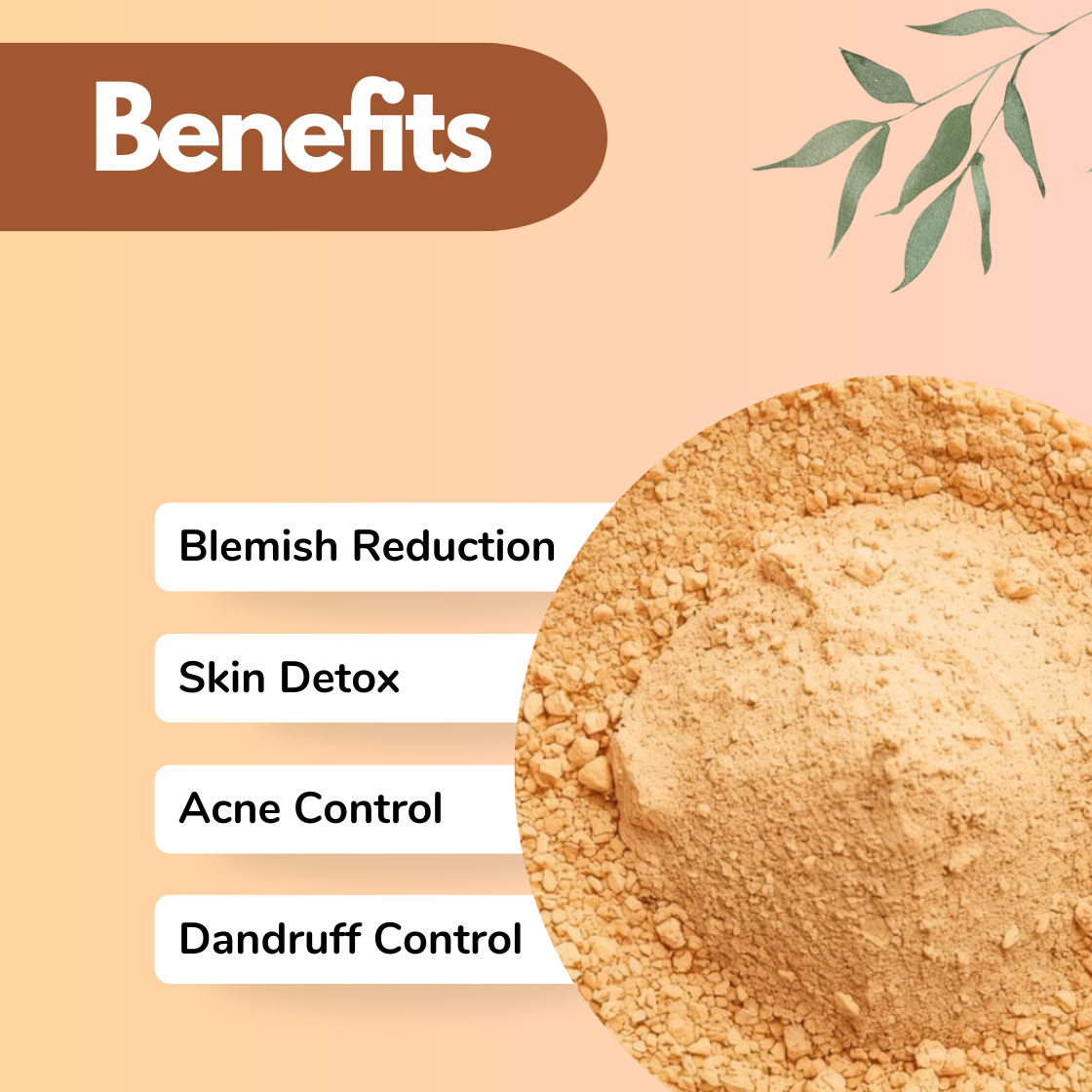 This design highlights a soft Harad herbal powder with a smooth yet slightly textured appearance. The listed benefits connect both skincare and scalp care: Blemish Reduction, Skin Detox, Acne Control and Dandruff Control. The image visually communicates a dual purpose herbal cosmetic powder often used in face packs and anti-dandruff hair masks, making it suitable for natural beauty formulations.
