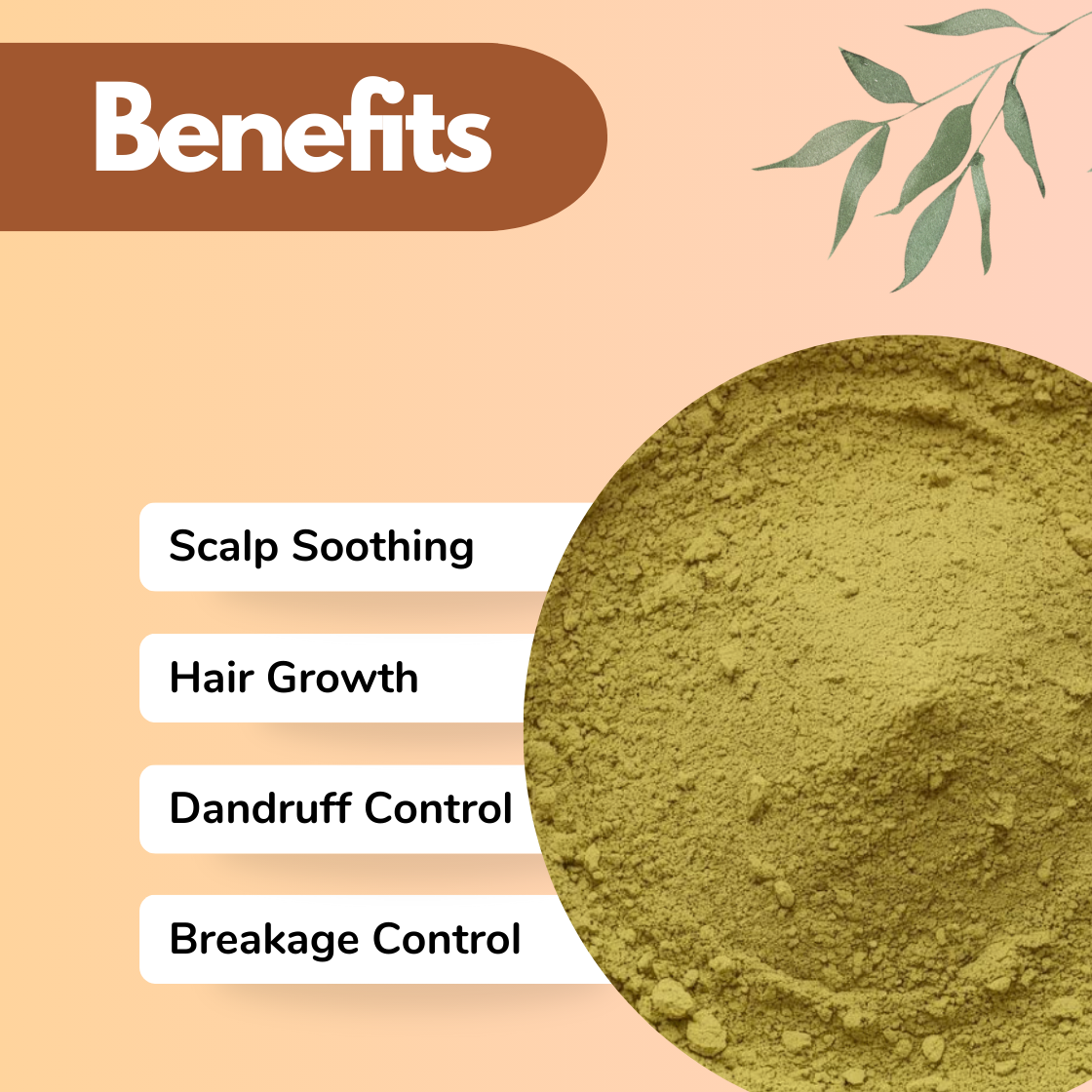 A Heena green herbal powder dominates the circular frame, indicating a botanical hair care ingredient. The benefits focus strongly on scalp health: Scalp Soothing, Hair Growth, Dandruff Control, and Breakage Control. The powder texture appears fine and dense, suggesting an  hair mask ingredient commonly used in herbal blends and strengthening scalp treatments.
