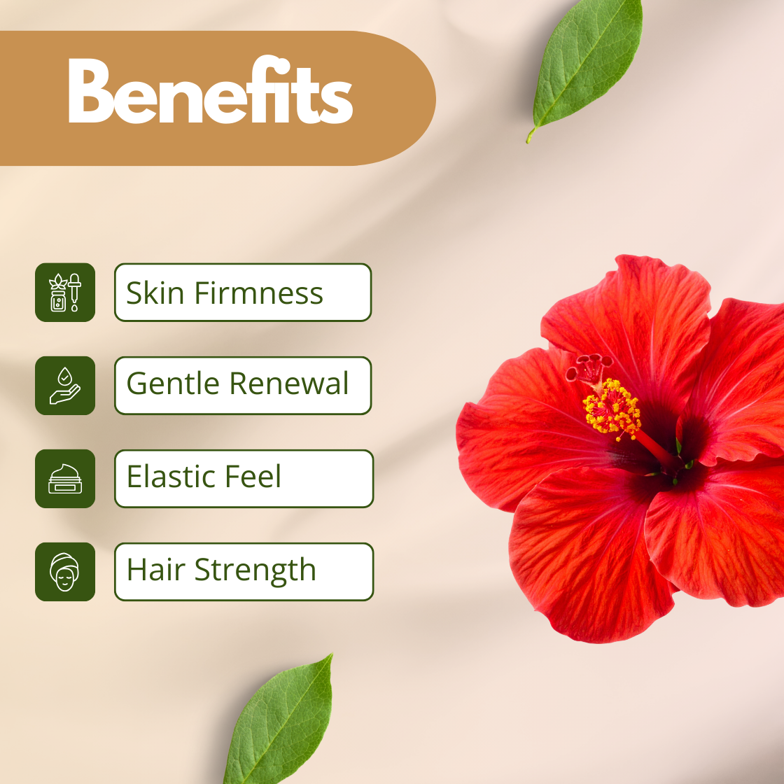 Benefits image of Hibiscus Extract showing a vibrant red hibiscus flower, highlighting skin firmness, gentle renewal, elastic feel and hair strength. Cosmetic grade hibiscus extract used in skincare and haircare formulations for natural exfoliation support and radiance enhancing cosmetic products.