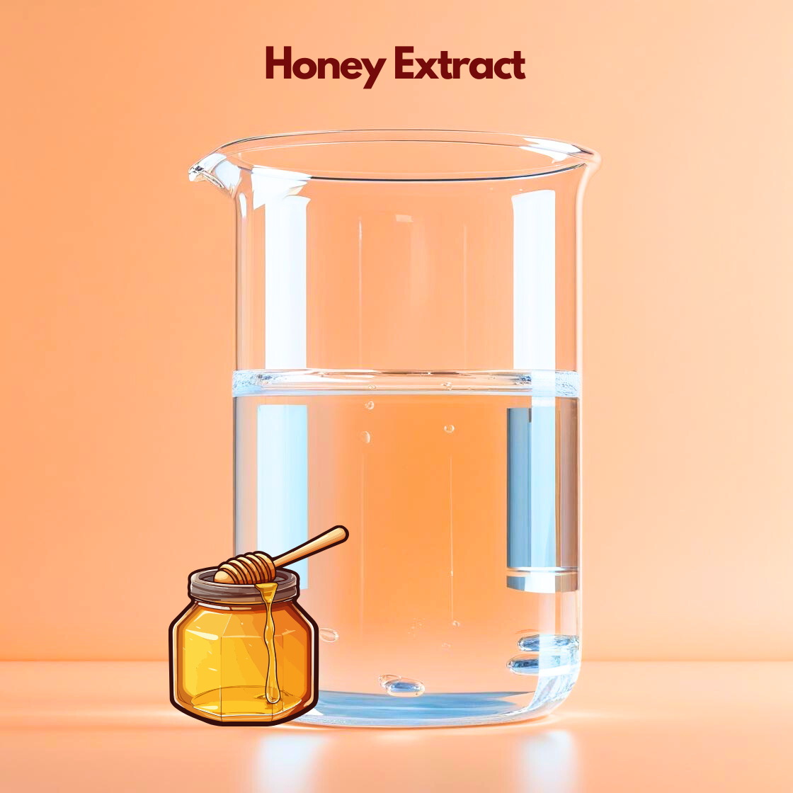 A transparent glass beaker containing clear liquid is displayed on a soft peach background with the title “Honey Extract” above it. A small jar of golden honey with a dipping stick rests near the base. This cosmetic grade botanical extract is valued in skincare and haircare products for moisture retention, nourishment and natural hydration support.