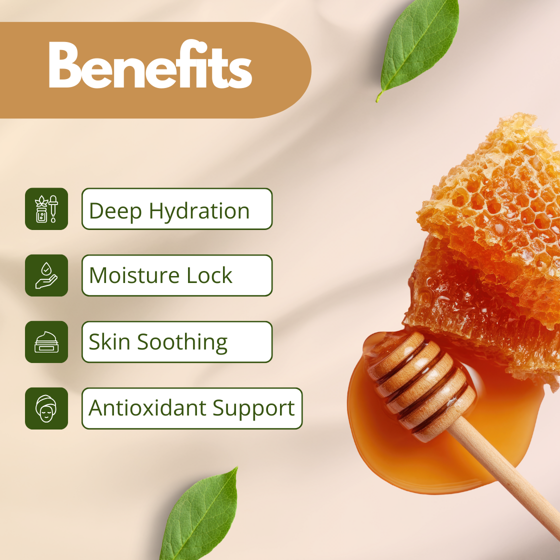 Benefits image of Honey Extract featuring honeycomb and golden honey with dipper, highlighting deep hydration, moisture lock, skin soothing, and antioxidant support. Cosmetic grade honey extract used in skincare formulations as a natural humectant and nourishing botanical cosmetic ingredient.