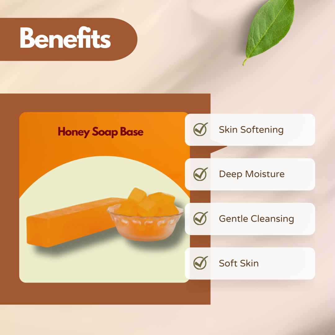 Graphic featuring Honey Soap Base with an orange soap bar and cubes. Text reads Skin Softening, Deep Moisture, Gentle Cleansing, Soft Skin. This honey soap base for handmade soap supports hydration and smooth texture.