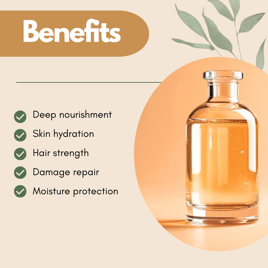 Benefits graphic featuring a golden liquid bottle with text listing Deep nourishment, Skin hydration, Hair strength, Damage repair, Moisture protection. Hydrolysed Milk protein ingredient for skincare and haircare formulations designed to improve hydration, reinforce hair structure, and enhance overall product performance.